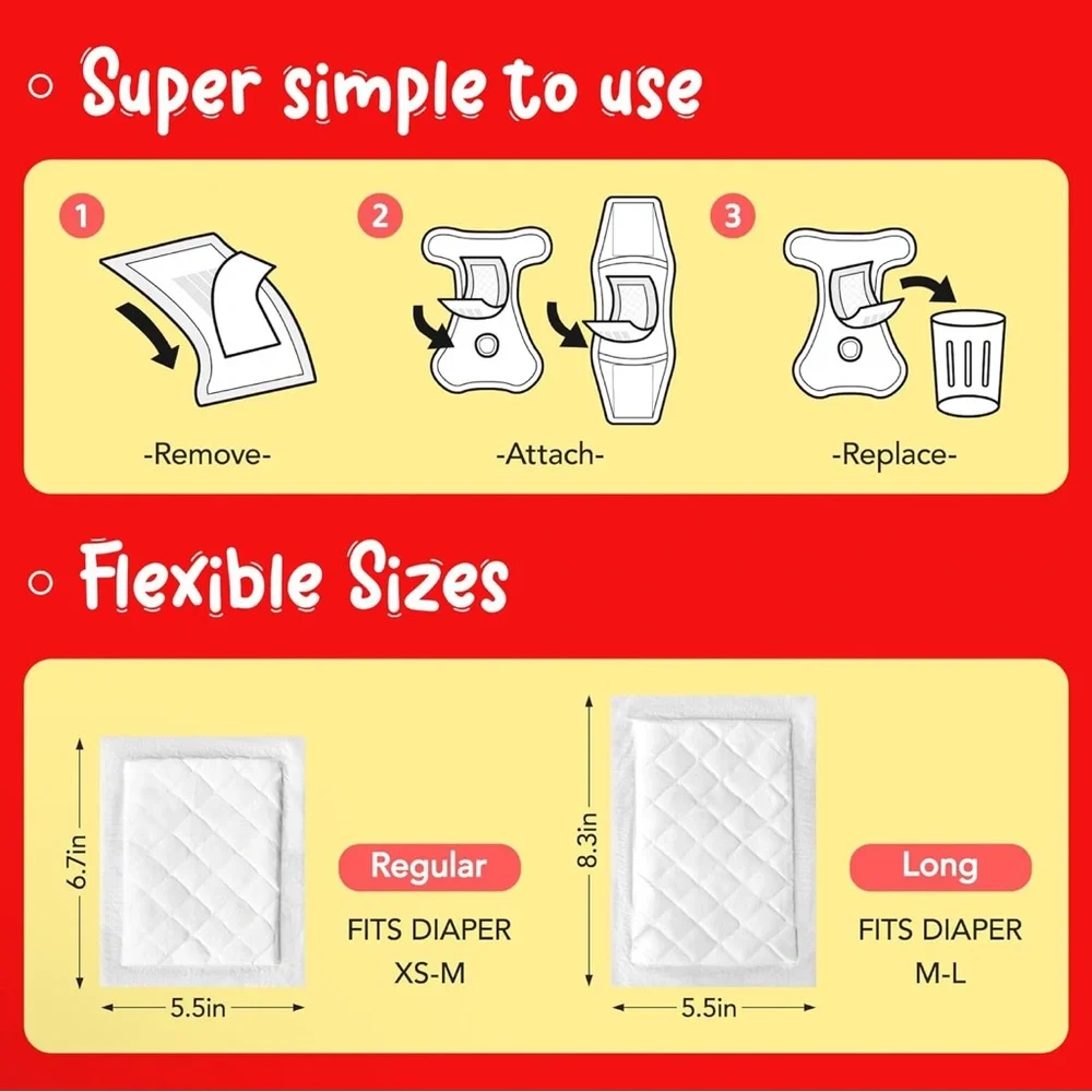 Furcato Dog Diaper Booster Pads 100 Count; Disposable Adhesive Liners (8”x5.5”)